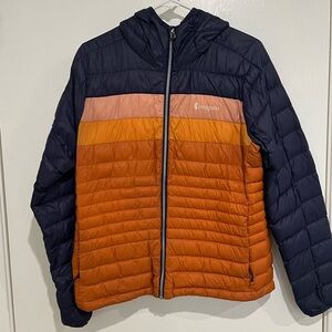 Cotopaxi Woman’s Fuego Hooded Down Jacket - Navy and Orange